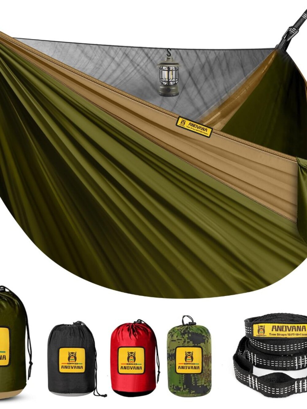 Portable Camping Hammock with Mosquito Net, 500 lbs, Green & Khaki, 2-in-1